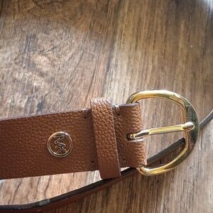Michael Kors Brown Textured Wide Leather Buckle Belt with Gold Medallion